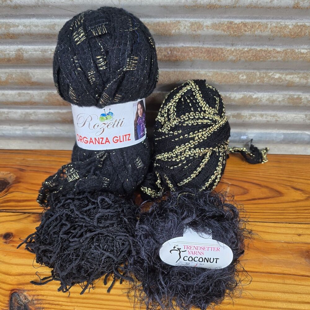Rozetti Organza Glitz Yarn Black/Gold plus Trensetter Yarns Coconut Color DyeLot